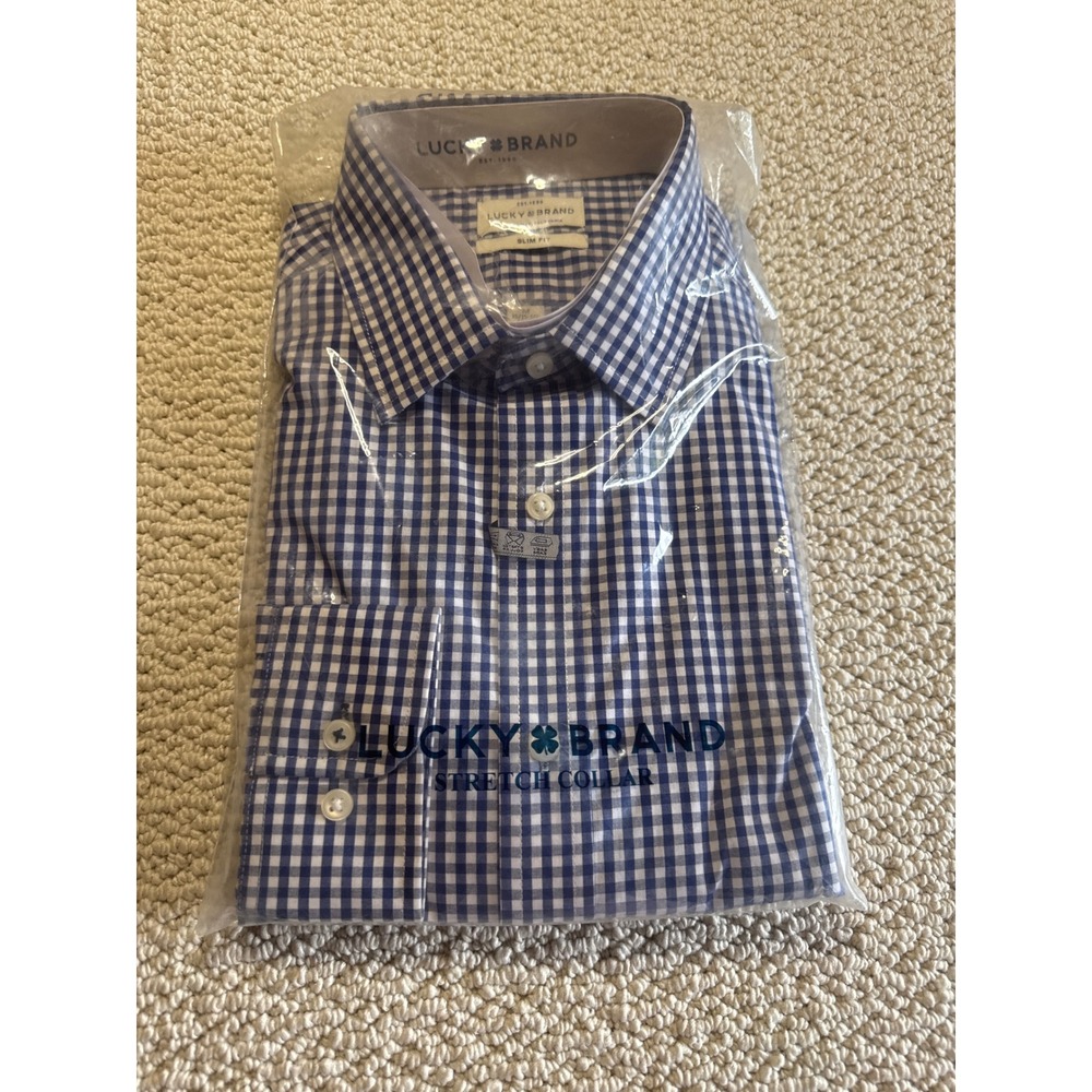Lucky Brand Mens Slim Fit Gingham Button Down Shirt Blue White Size M 15-15.5